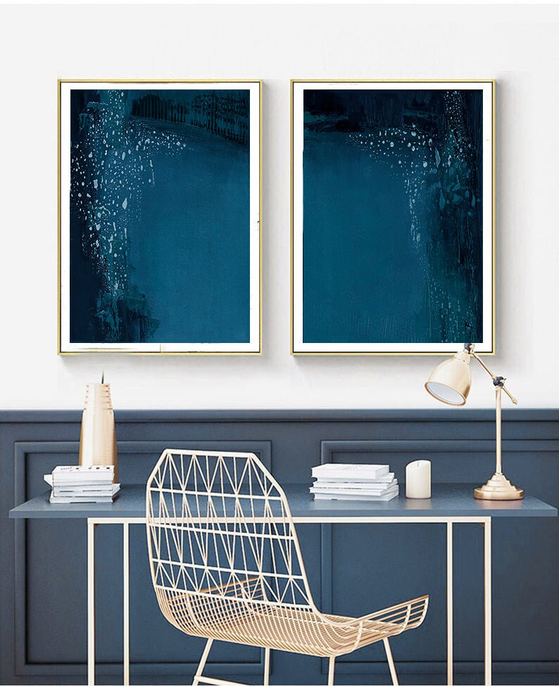 Wall Art Set of 2 Dark Blue Abstract Wall Art Abstract Etsy