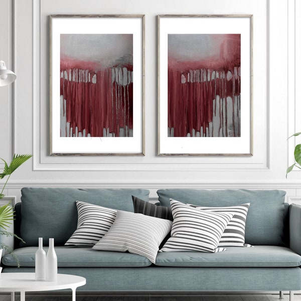 Digital print, set of 2 decor,  marsala wall art abstract, affordable wall art , abstract diptych gray red,  Abstract Painting, red and gray