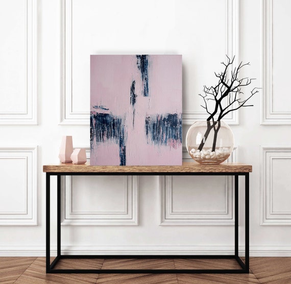 テクスチャーのある抽象画：ピンク、ブルー、ネイビーのキャンバスに