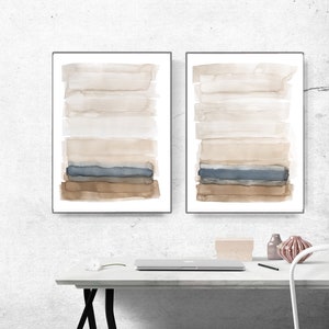 Printable Abstract, Large Art Prints, Brush Prints set of 2, Simple Prints, Navy Blue neutral, Minimalist Art, watercolor diptych beige blue