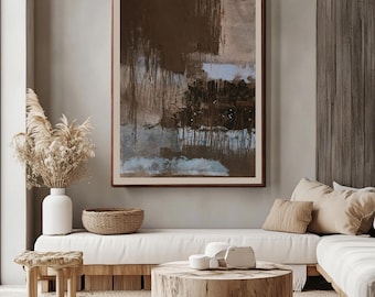 Minimalist Landscape Art Print: Brown & Blue Vertical Painting (Digital Download)