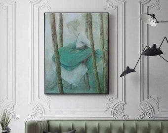 Japandi Figure Painting: Teal Beige Minimalist Art (Digital Download)