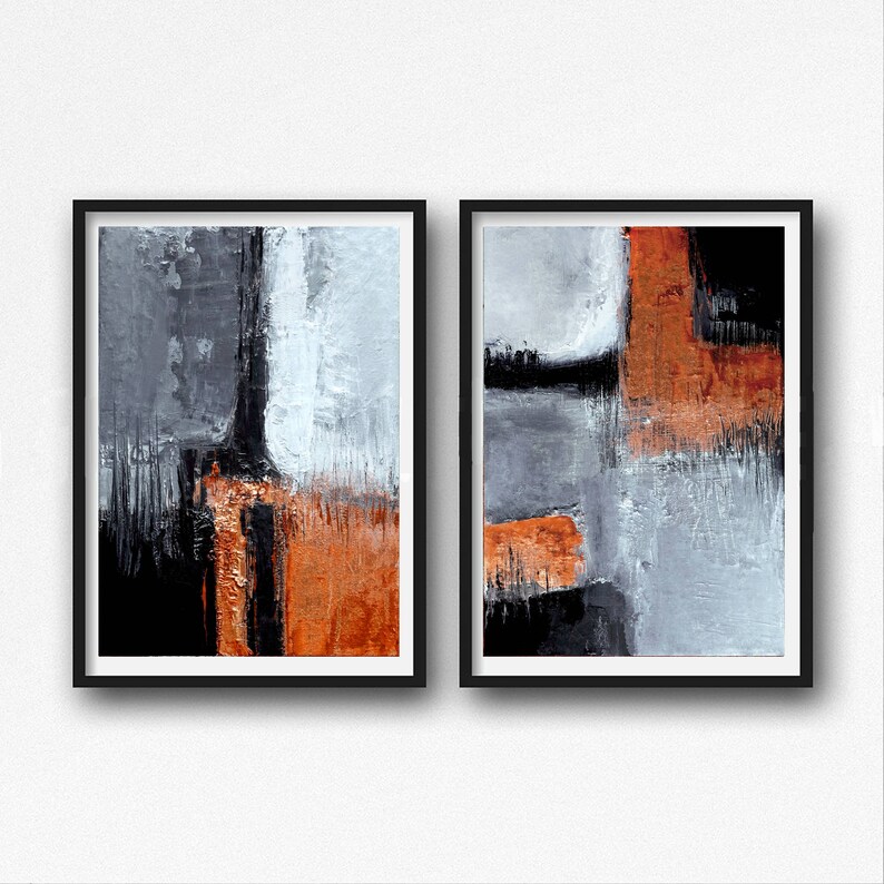 Black and Orange Abstract Art Modern Art Prints Set of Two Etsy