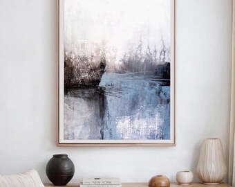 Minimalist Abstract Art Print: Black & Light Blue Painting (Digital Download)
