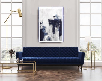 Grandi opere d'arte blu, arte astratta, arte della parete blu, arte della parete minimalista, arredamento per la casa costiera, astratto moderno, stampabile 24 x 36 grigio navy