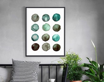 Downloadable watercolor , circles painting, , rustic home decor, , turquoise and brown, boho art, teal brown turquoise watercolor wall art