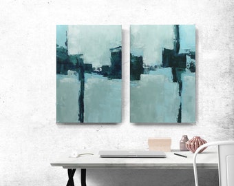 set of 2, Original Art, Coastal deco , wall art, custom word art,  blue and green, blue ,diptych, canvas art, art hanging, teal abstract