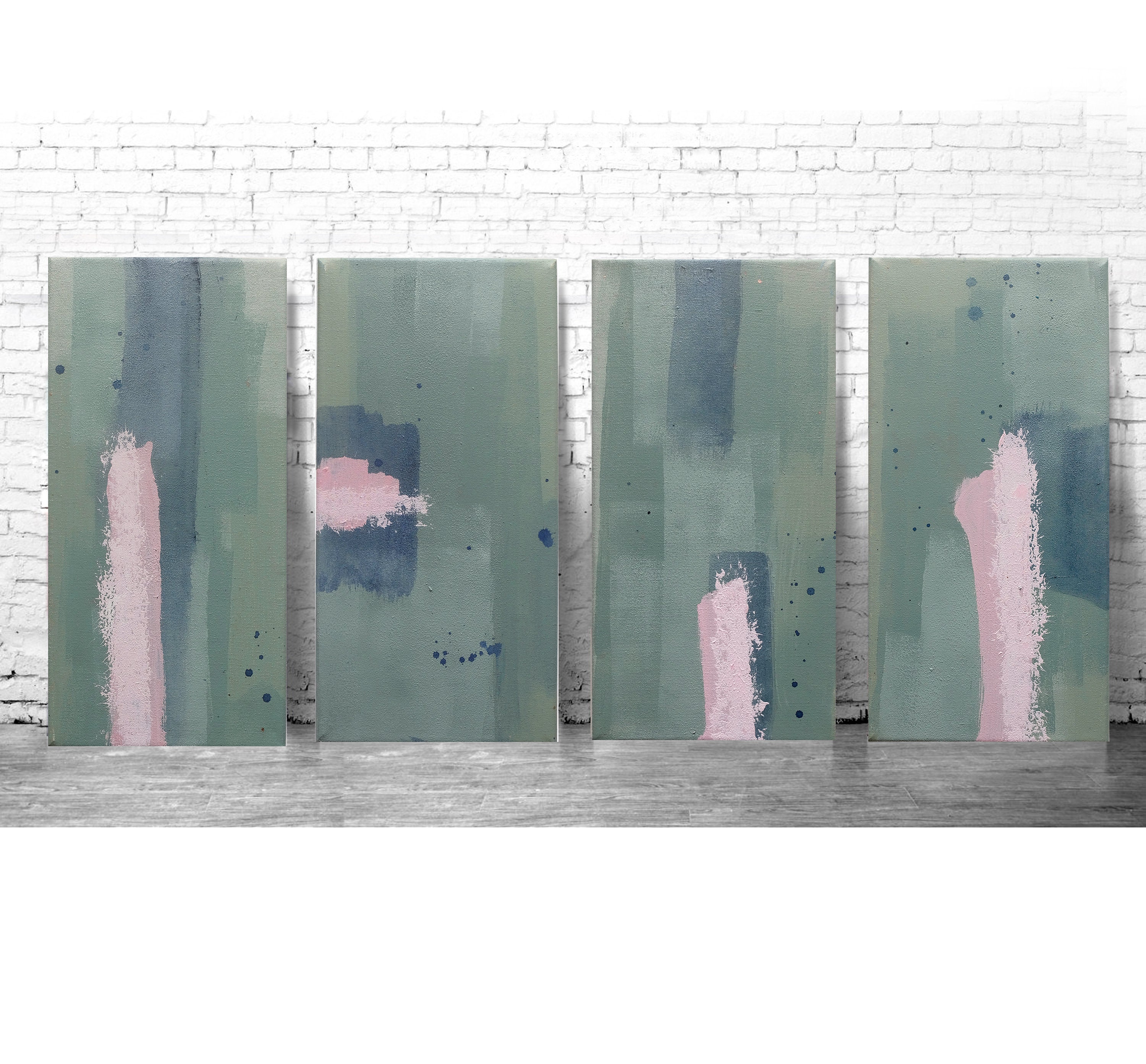 抽象アクリル絵画セット：緑、青、ピンクの縦型キャンバスアート