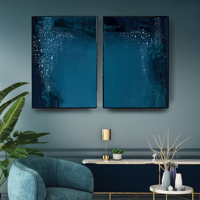 Wall Art Set of 2 Dark Blue Abstract Wall Art Abstract Etsy