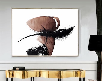 Trendy Abstract Painting, Warm Earth Tones wall art, Neutral Simple, Contemporary Artwork  Wall , black brown horizontal wall art,