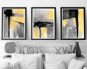 Set di 3 / 3 pannelli / Grandi stampe gialle grigie / Arte murale astratta / Arte moderna / Arredamento soggiorno / Decorazione murale grande, Trittico giallo