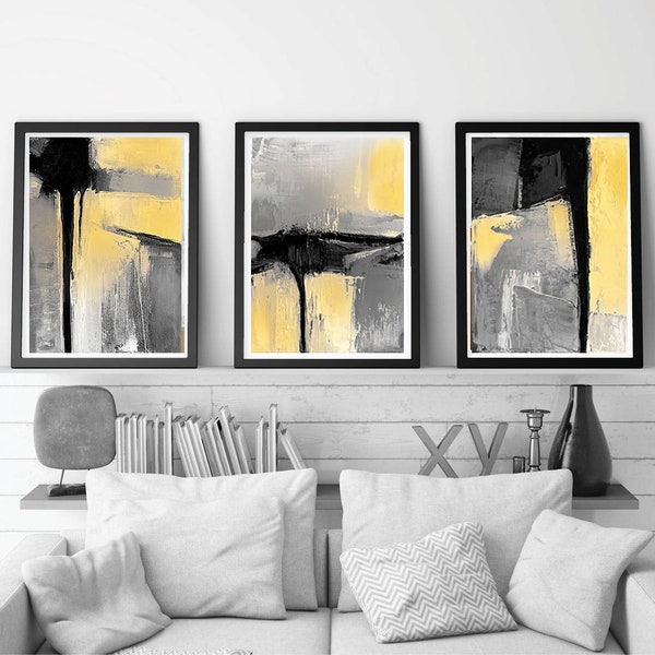 Lot de 3 | 3 panneaux | Grandes impressions gris jaune | Art mural abstrait | Art moderne | Décoration de salon | Grande décoration murale triptyque jaune