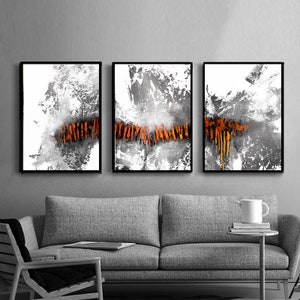 Abstract Triptych Art Print: Orange & Gray Scandinavian Design (Digital Download)