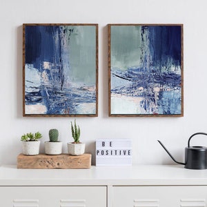 Set of 2 printable painting, instant download blue abstract painting, printable abstract painting print set, wall art set, blue mint pink image 1