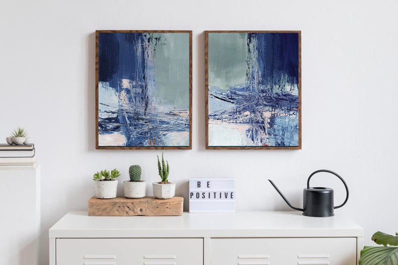 Set of 2 printable painting, instant download blue abstract painting, printable abstract painting print set, wall art set, blue mint pink image 1