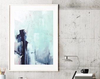 Abstract Landscape Painting, navy and mint Print, Coastal Print, Minimalist Painting, Pastel Abstract, Large Canvas Art, Modern Abstract Art