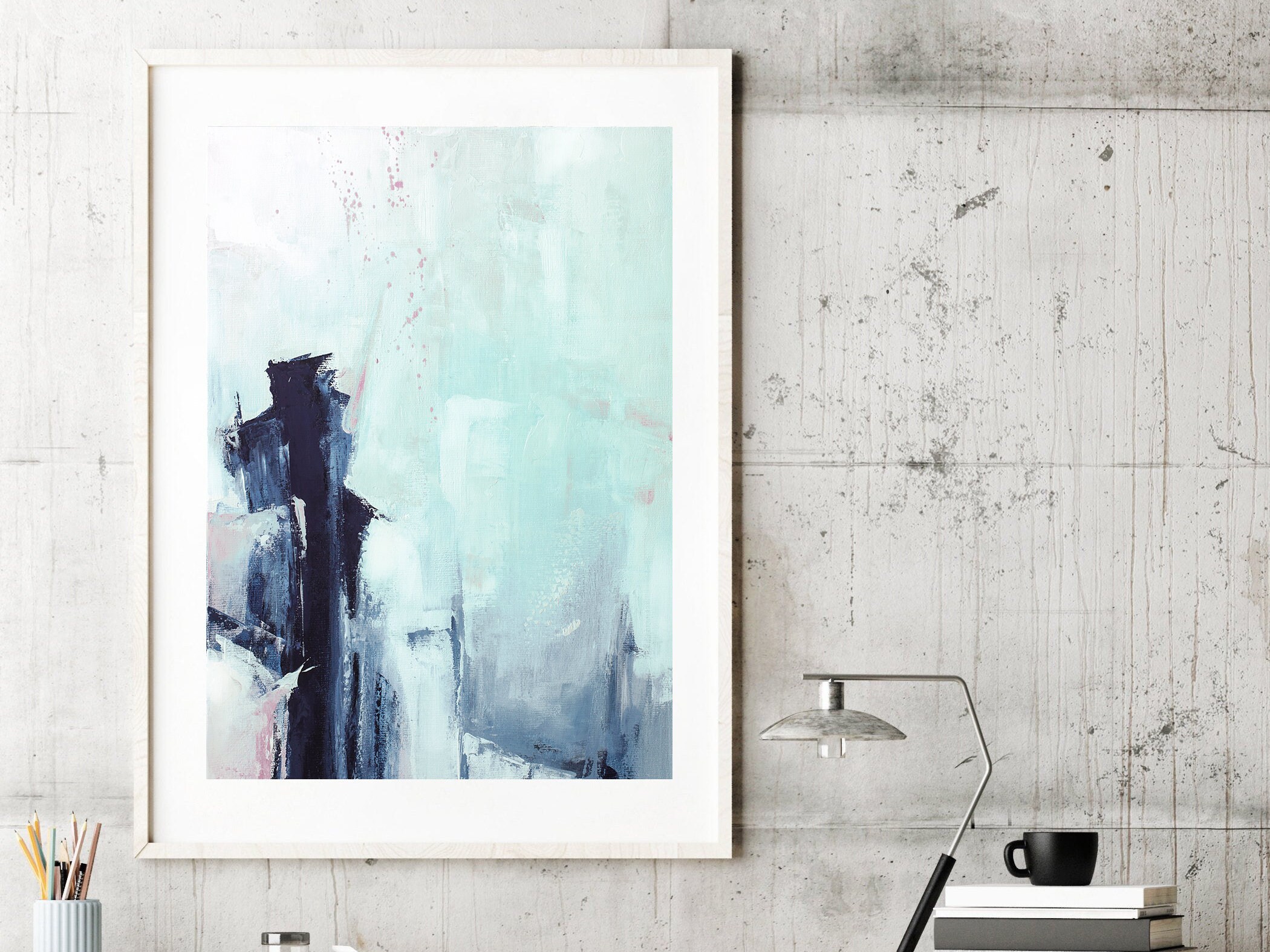 Abstract Landscape Painting navy and mint Print Coastal | Etsy
