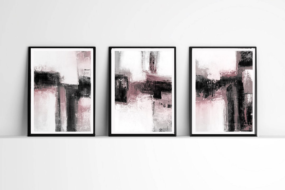 Abstract Art, Set of 3 Prints, Black & White and Pink Wall Art Prints ...