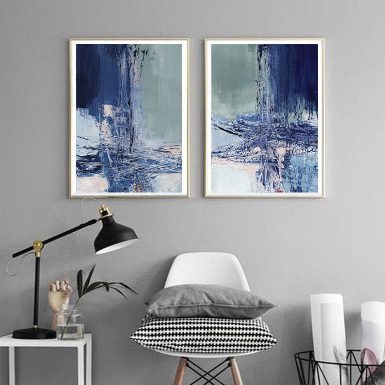 Set of 2 printable painting, instant download blue abstract painting, printable abstract painting print set, wall art set, blue mint pink image 4