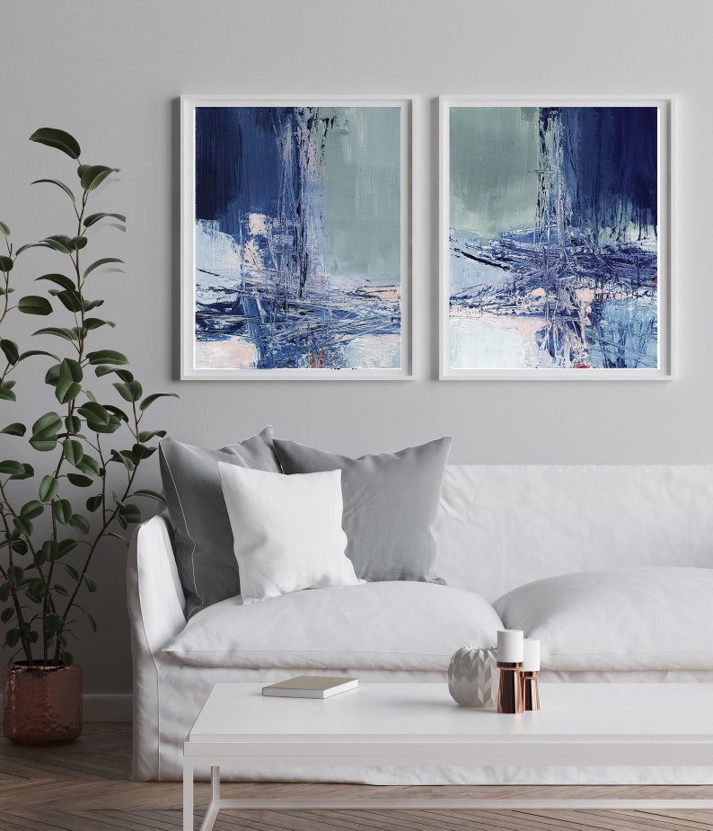 Set of 2 printable painting, instant download blue abstract painting, printable abstract painting print set, wall art set, blue mint pink image 3