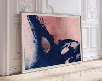 Navy Blue , Pink Abstract Landscape Painting: Modern Wall Art (Digital Download)