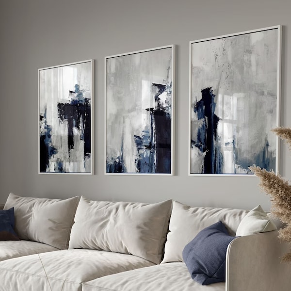 Grey Abstract Wall Art, Set of 3 Prints, Modern Abstract Art, blue and grey Art, Brushstroke Art, Minimalist Art Set, Triptych Wall Art,