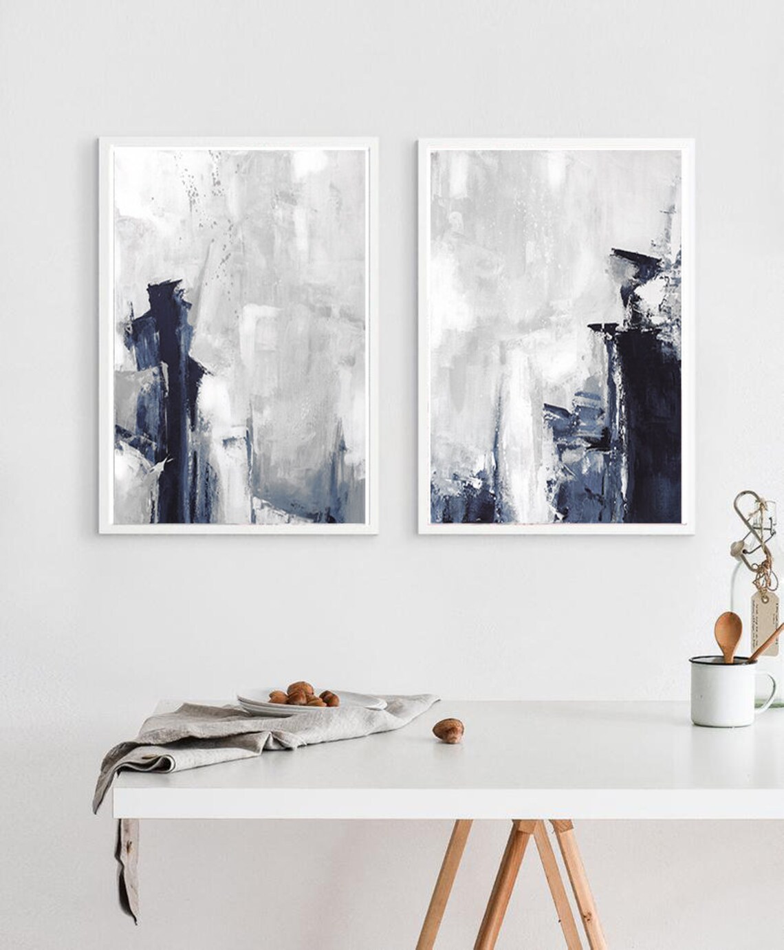 Grey Abstract Wall Art Set of 2 Prints Modern Abstract Art Etsy