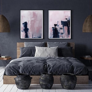 Pink and Navy Blue Abstract Art Print Set: Scandinavian Modern Decor (Digital Download)