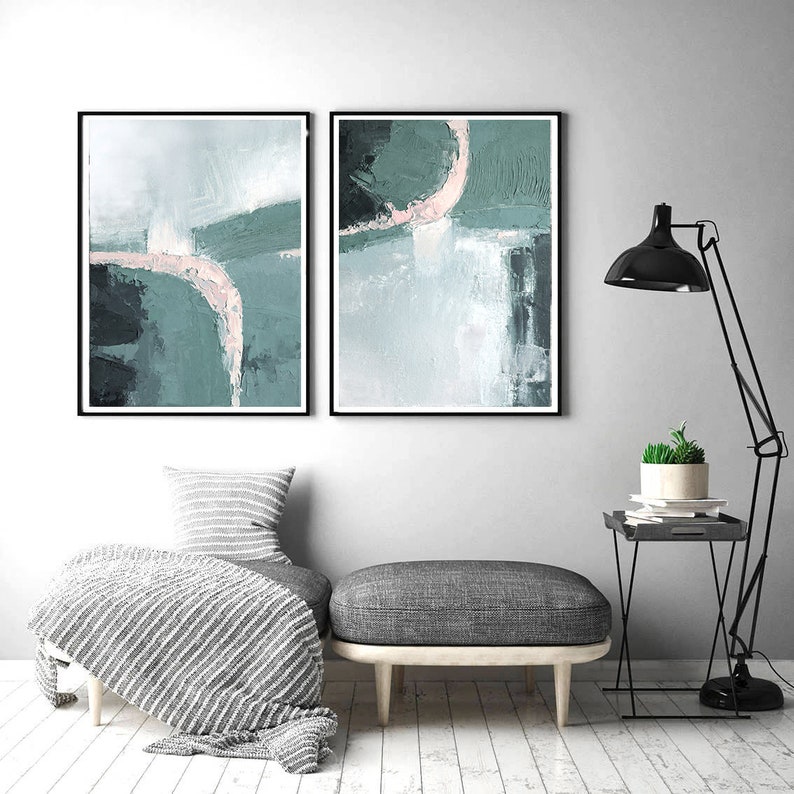 Print, contemporary art, wall art abstract, digital image, abstract set of 2 ,pink and mint ,modern diptych abstract, scandinavian art image 7