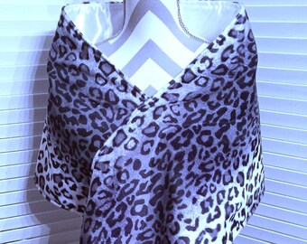 Faux Fur Leopard Shawl, Animal Print Shawl, Black Gray White Stole, Reversible Wrap, Lined Shawl, Formal Wrap, Gift For Her, Bridal Wrap
