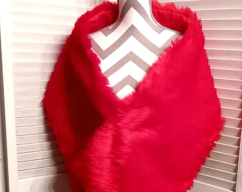 Faux Fur Red Shawl, Red Faux Fur Scarf, Red Fur Stole, Red Lined Shawl, Formal Wrap, Gift For Her, Bridal Wrap