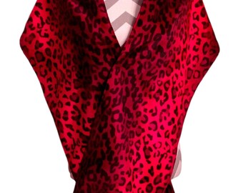 Faux Fur Leopard Shawl, Animal Print Wrap, Red and Black Stole, Reversible Shawl Wrap, Lined Shawl, Formal Wrap, Gift For Her, Bridal Wrap