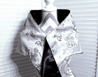 Woven Shawl, Tapestry Wrap, Gray Tapestry Stole, Black Satin Shawl Wrap, Reversible Wrap, Lined Shawl, Formal Wrap, Gift For Her
