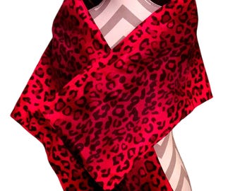 Faux Fur Leopard Shawl, Animal Print Wrap, Red and Black Stole, Reversible Shawl Wrap, Lined Shawl, Formal Wrap, Gift For Her, Bridal Wrap