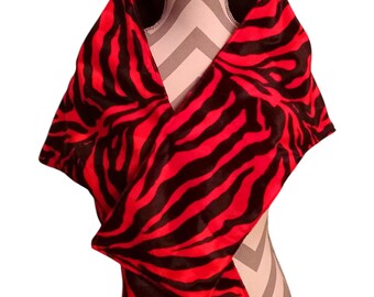 Faux Fur Zebra Shawl, Animal Print Wrap, Red and Black Stole, Reversible Shawl Wrap, Lined Shawl, Formal Wrap, Gift For Her, Bridal Wrap