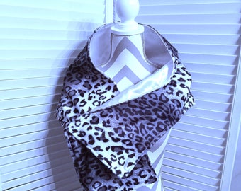 Faux Fur Leopard Shawl, Animal Print Shawl, Black Gray White Stole, Reversible Wrap, Lined Shawl, Formal Wrap, Gift For Her, Bridal Wrap