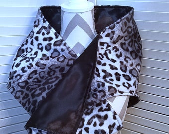 Faux Fur Leopard Shawl, Animal Print Shawl, Black Gray White Stole, Reversible Wrap, Lined Shawl, Formal Wrap, Gift For Her, Bridal Wrap