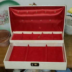 Large Vintage White Jewelry Box Lined w/ Red Velvet, Satin, Felt, Original Key, Sweet Mother's Day Gift