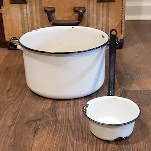 Large Vintage Matching Black & White Enamelware Pot with Ladle, Best Aged Patina, Lid with Handle, Planter, Photo Prop