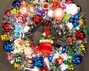 Vintage Retro Inspired Handmade Christmas Ornament Wreath, Mercury Glass, Shiny Brite, Paper Mache, Reindeer, Boots & More 21" Diameter