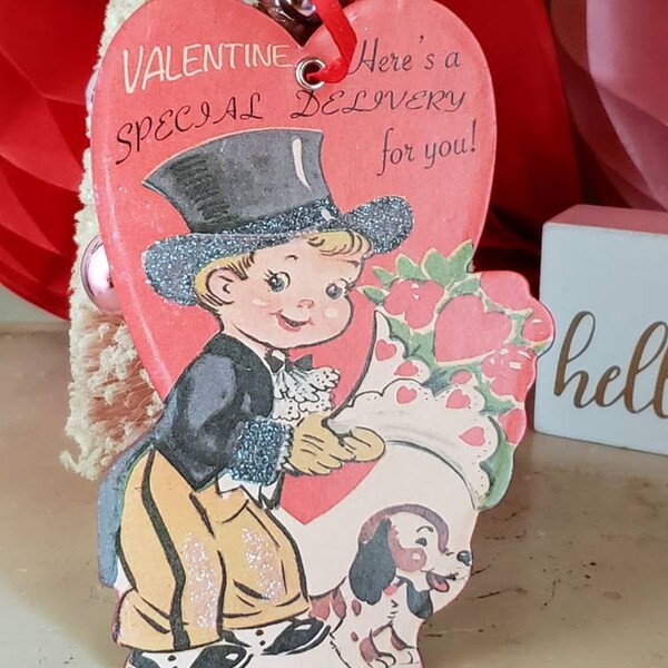 Vintage Retro Inspired Valentine's Day Card on Board Ornament, Little Boy Wearing a Top Hat with His Dog, Glitter Accents,  Valentine Decor