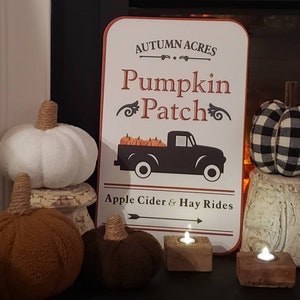 May include: A white, brown, and black fall-themed sign with the text "Autumn Acres Pumpkin Patch" and a black truck with pumpkins in the bed. The sign also says "Apple Cider & Hay Rides". There are several white, brown, and black fabric pumpkins in front of the sign.