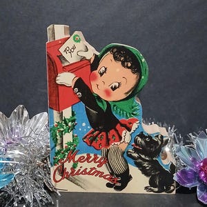 Vintage Retro Inspired Wood Block Little Girl & Dog Mailing Christmas Letter