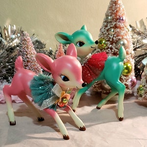 Adorable Pair of Vintage Inspired Pink & Aqua Reindeer with Accents Around Their Necks, Perfect Gift for Yourself or Your BFF