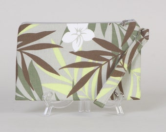 Wrist purse/Wristlet: Gray with flowers and ferns