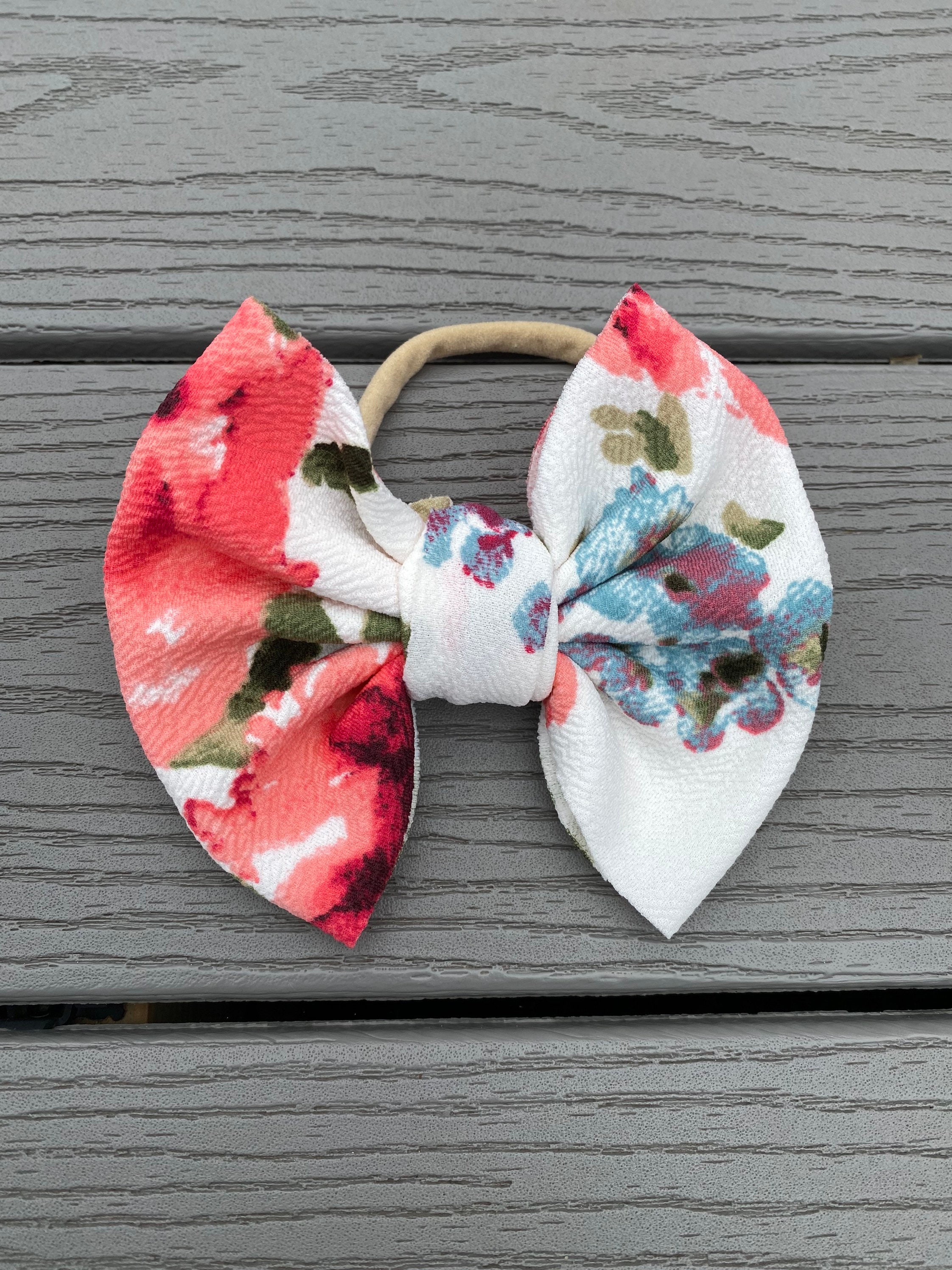 Flower bow, watercolor flower, rose bow, floral bow, baby bow, baby girl bow, baby headband bow, headband bow, baby headband, bow on nylon
