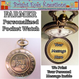 Antique Style FARMER Personalized Pocket Watch w/Your Own Message Inside and Choice of Chain Gifts for Him Gifts for Men Gifts for Dad