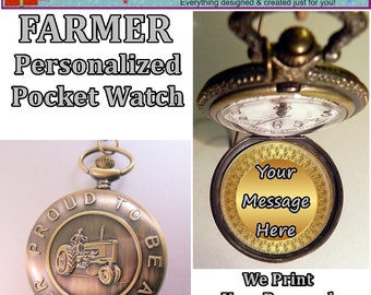 Antique Style FARMER Personalized Pocket Watch w/Your Own Message Inside and Choice of Chain Gifts for Him Gifts for Men Gifts for Dad