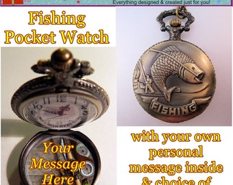 Personalized Message Fishing Pocket Watch w/ 31" Chain Necklace or 14" Belt Clip Chain or Case Gifts for Fisherman Gifts for Fisherwoman