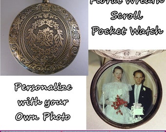 Floral Wreath Scroll Pocket Watch w/ Personalized Photo Gifts for Grandpa Gifts for Dad Gifts for Son - Gifts for Brother - Gifts for Mom